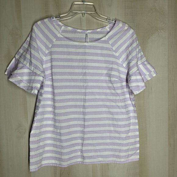 Southern Tide lavendar purple and white striped short ruffle sleeve top, medium - Picture 2 of 14